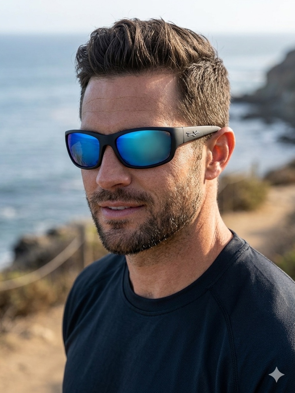 Panama Jack x Foster Grant Black Wrap Polarized Sunglasses Blue Mirror